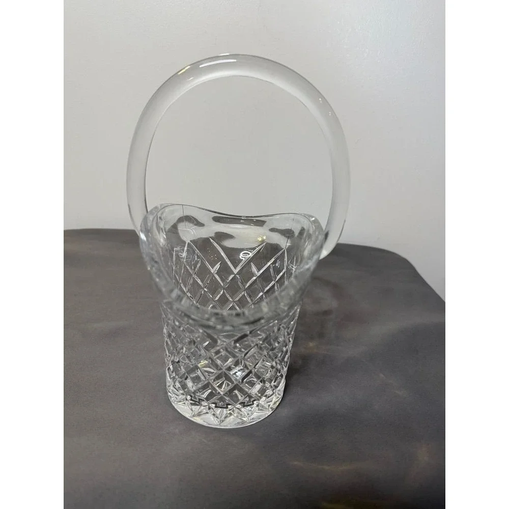 Vintage Crystal Basket Vase Cut Glass Diamond Pattern Handled Vase Elegant Decor